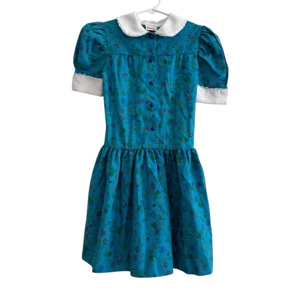 VTG The Beaux Age Blue Floral Dress White Collar Short Sleeve Girls Size 8 - Picture 1 of 7